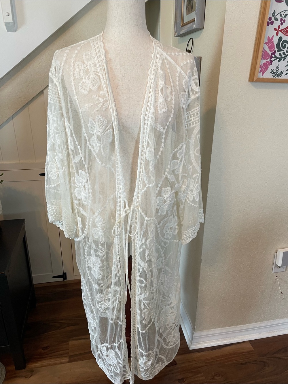 Annabelle Cream Floral Lace Midi Duster Kimono Cardigan Cover Up Boho L/XL